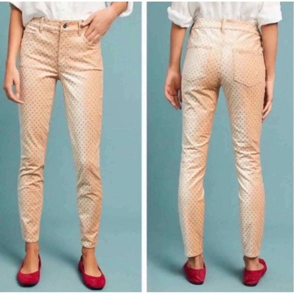 Pilcro and the Letterpress Pants 26 Peach Polka Dot High Rise Skinny Gold Velvet